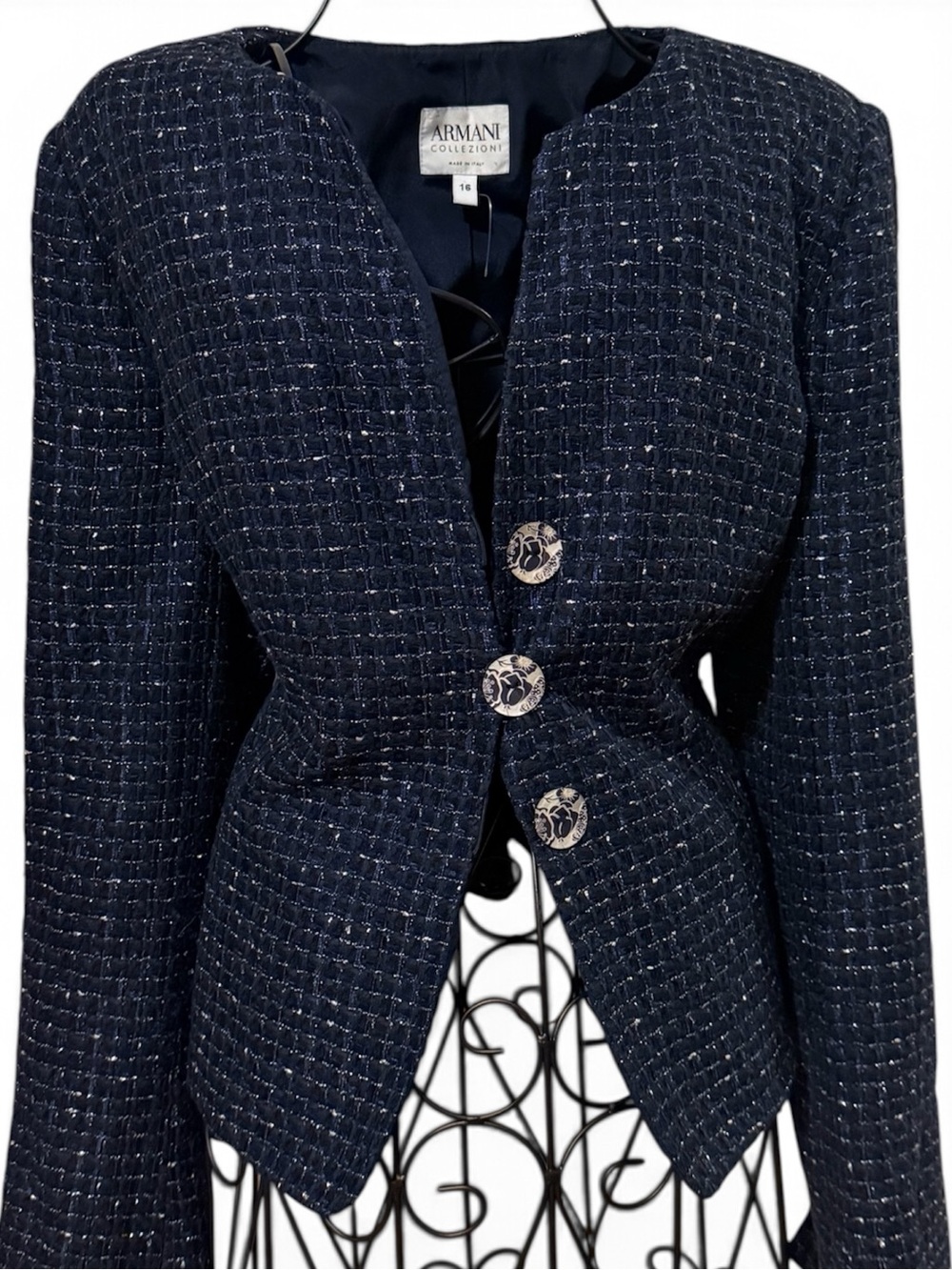 Armani Collezioni Navy Tweed Women's Peplum Blazer with Decorative Buttons